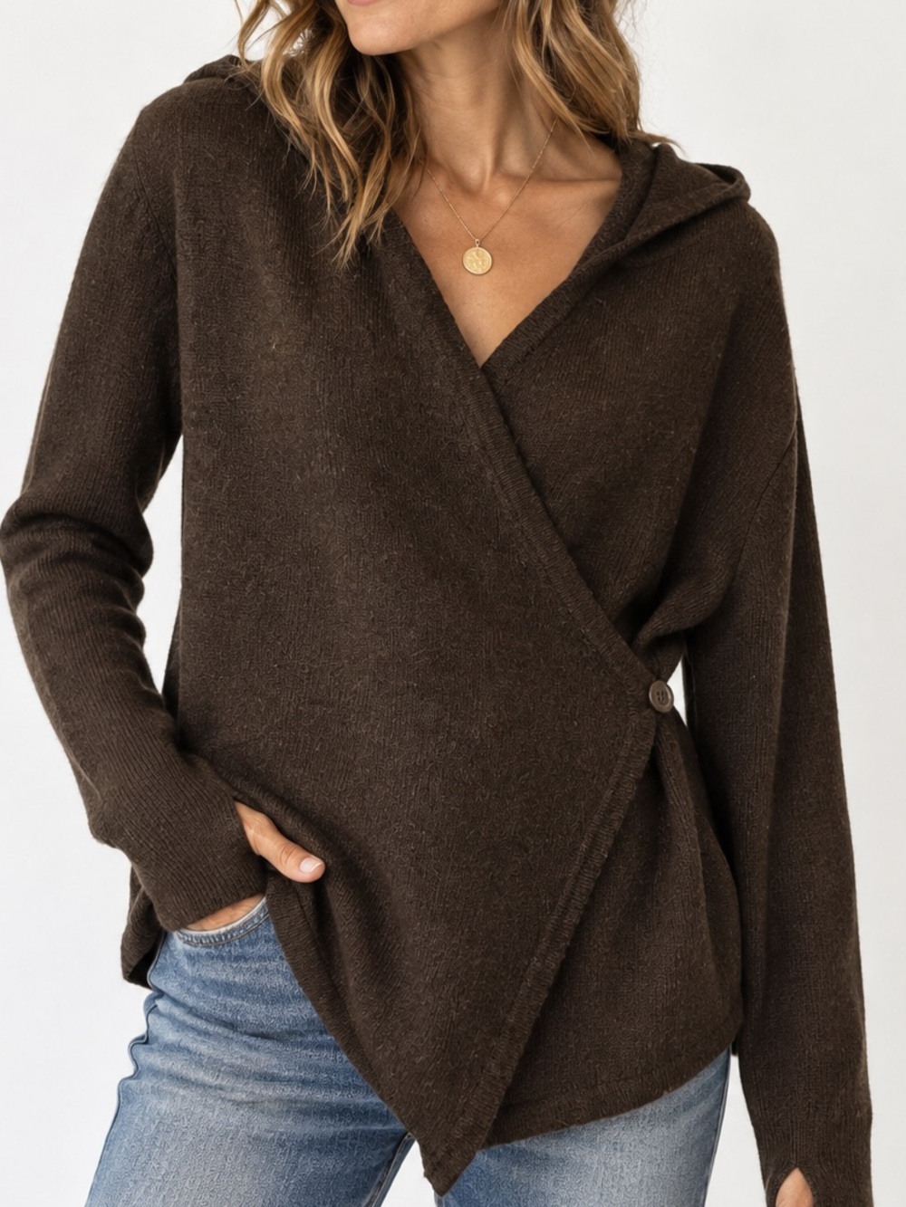 Betabrand Brown Wool-Blend Hooded Wrap Cardigan S/M